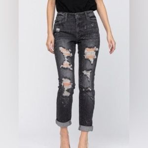 Judy Blue mid rise, distressed, bleached splatter, boyfriend jeans